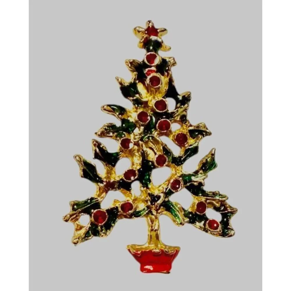 Christmas Tree Brooch Vintage Gold Tone Red & Green Stones